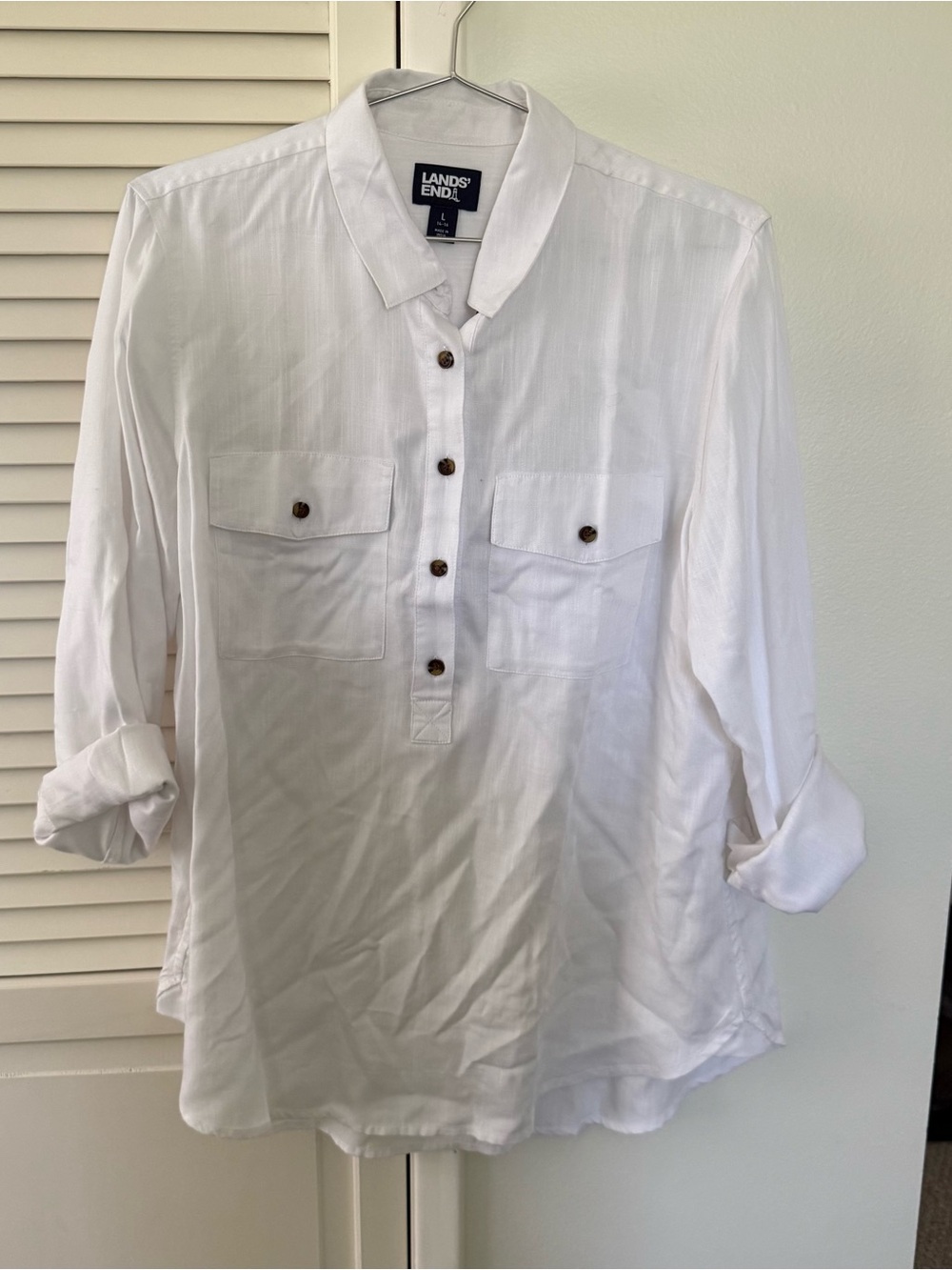 Lands' End Tencel White Long-Sleeve Popover Shirt with Chest Pockets